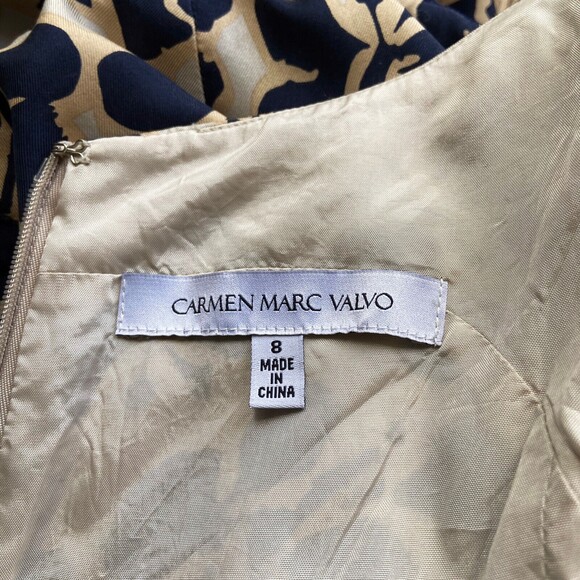 Carmen Marc Valvo Silk Fit & Flare Dress Size 8 Navy Tan Butterflies Sleeveless - Picture 5 of 7